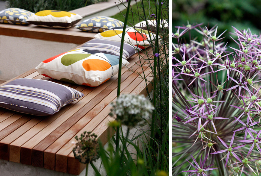 a bench made from western red cedar creates an innovative seating space in this sevenoaks, kent garden by greencube garden design